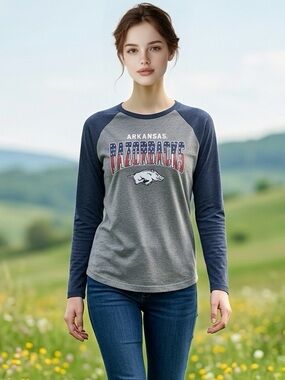 NWOT Unisex Univ of Arkansas Razorbacks Blue Gray Baseball Tee Shirt - Size M